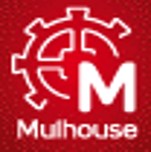 Blason de la ville de Mulhouse. Fond rouge, roue emblème de Mulhouse et Mulhouse écrits en blanc