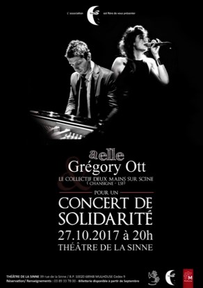 Affiche du concert de solidarité de Aelle et Grégory Ott. Fond noir et écriture blanche avec photo de Aelle et Grégory et informations pratiques pour le concert