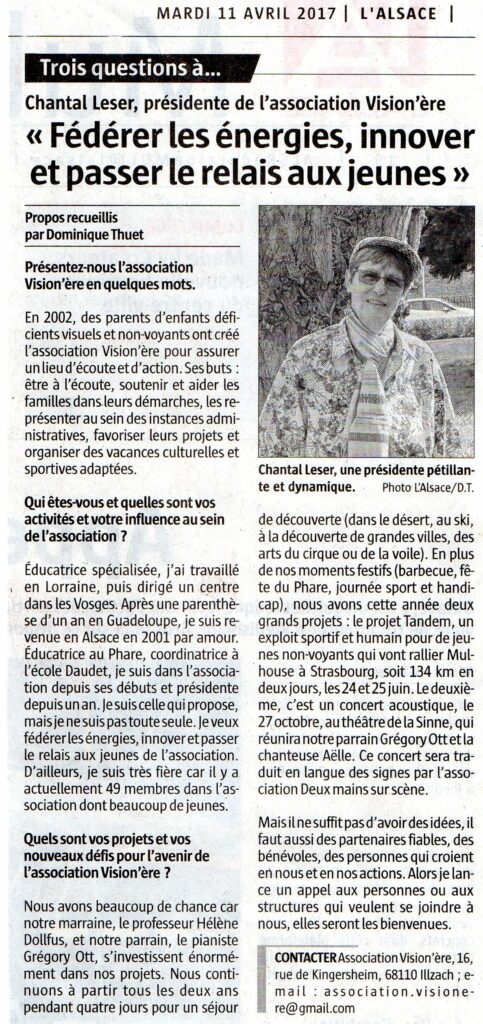 Article de presse de l'interview de Chantal Leser en avril 2017