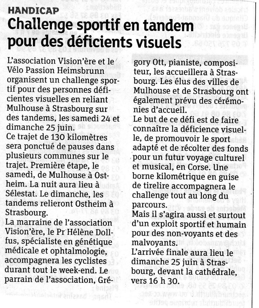 Article de presse de promotion du challenge en tandem Mulhouse Strasbourg les 24 et 25 juin 2017