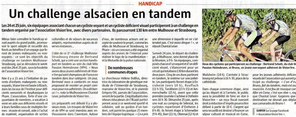 Article de presse de promotion du challenge en tandem Mulhouse Strasbourg les 24 et 25 juin 2017