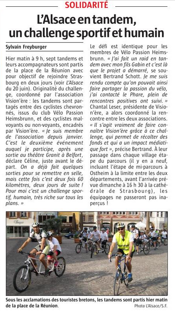 Article de presse suite au challenge tandem Mulhouse Strasbourg des 24 et 25 juin 2017