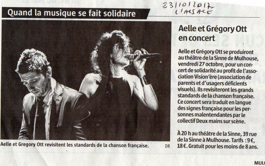 Article de presse pour annoncer le concert de Aelle et de Grégory Ott le 27 octobre 2017 au théâtre de la Sinne