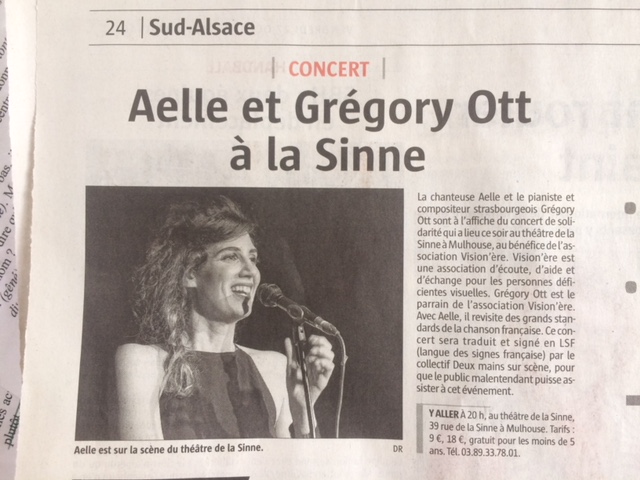 Article de presse pour annoncer le concert de Aelle et de Grégory Ott le 27 octobre 2017 au théâtre de la Sinne