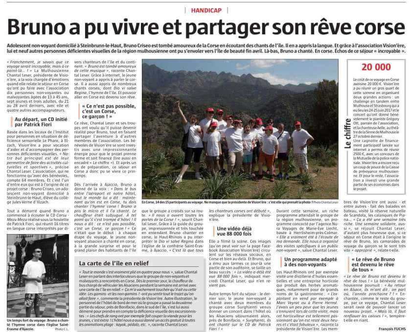 Article de presse suite au voyage en Corse en avril 2018