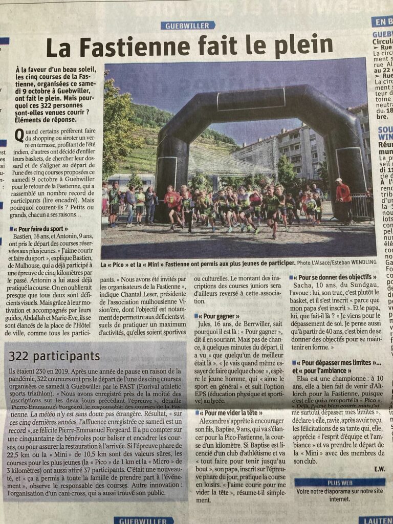 Article de l'Alsace du 9 octobre 2021 au sujet de la course de la Fastienne organisée le 9 octobre à Guebwiller
