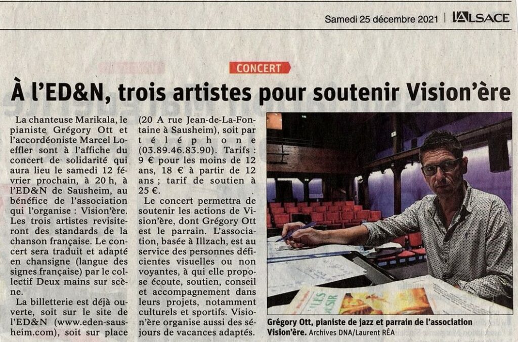 Article du journal l'Alsace pour la promotion du concert à l'Eden du 22 février 2022. Photo de Grégory Ott assis au piano dans l'article.