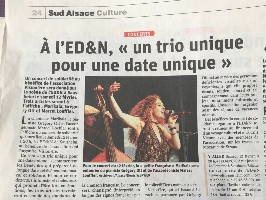 Article du journal l'Alsace dont le titre est A l'eden, un trio unique pour une date unique. Pour la promotion du concert organisé par Vision'ère le 12 février 2022