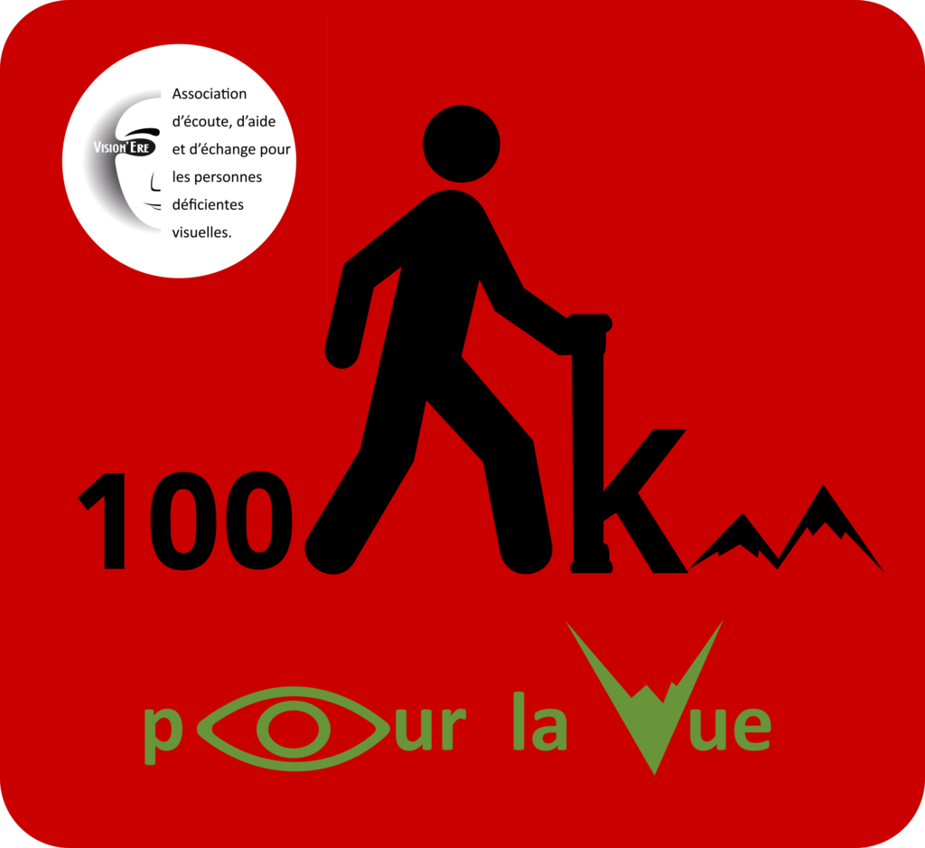 Logo des 100 km pour la vue : en-haut à gauche logo Vision'ère. Fond rouge. Logo : chiffre 100 puis un bonhomme qui marche et qui se tiens à la barre du k et 2 montagnes qui représentent le m de kilomètre. En-dessous ecris en vert pour la vue.