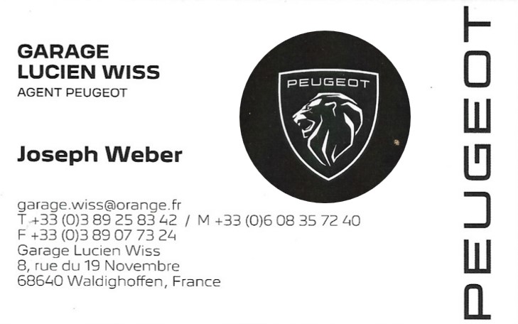 Carte de visite garage Lucien WISS agent Peugeot à Waldighoffen. Logo Peugeot