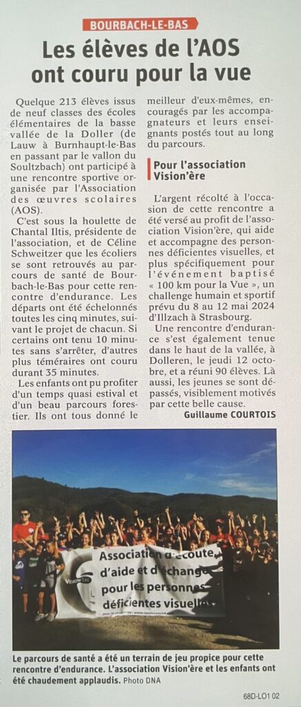 Article du journal l'Alsace paru le 22/02/2023 : Les élèves de l'AOS ont couru pour la vue