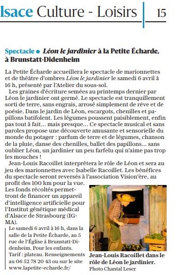 Article pour annoncer le spectacle Léon le Jardinier à la petite écharde de Didenheim le samedi 6 avril 2024