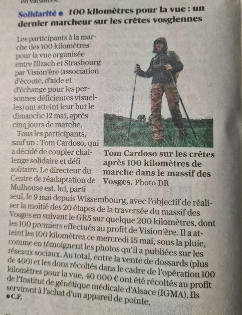 Article de l'Alsace qui parle des 100 km pour la vue effectués par Tom Cardoso en sollitaire