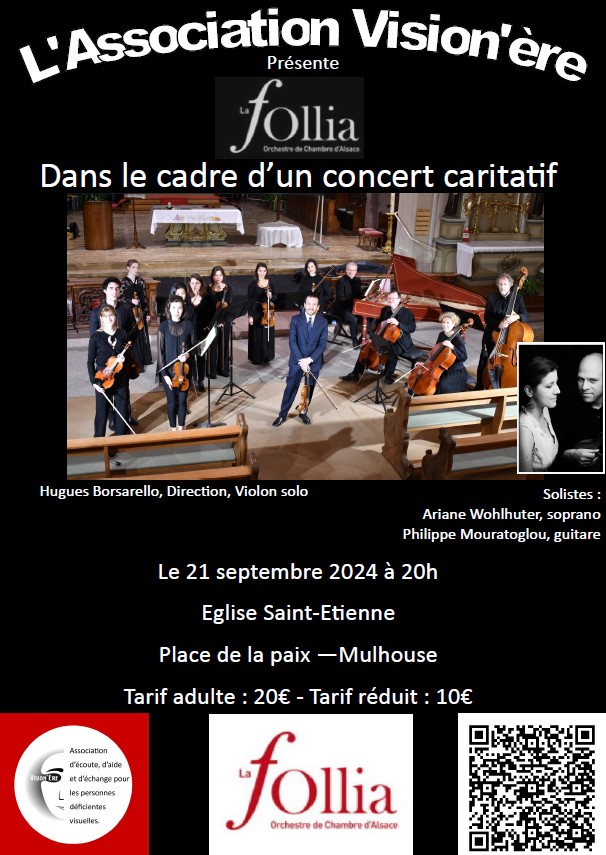 Affiche de promotion du concert de la Follia, orchestre de Chambre d'Alsace, le 21 septembre 2024 à l'église Saint-Étienne de Mulhouse au profit de Vision'ère