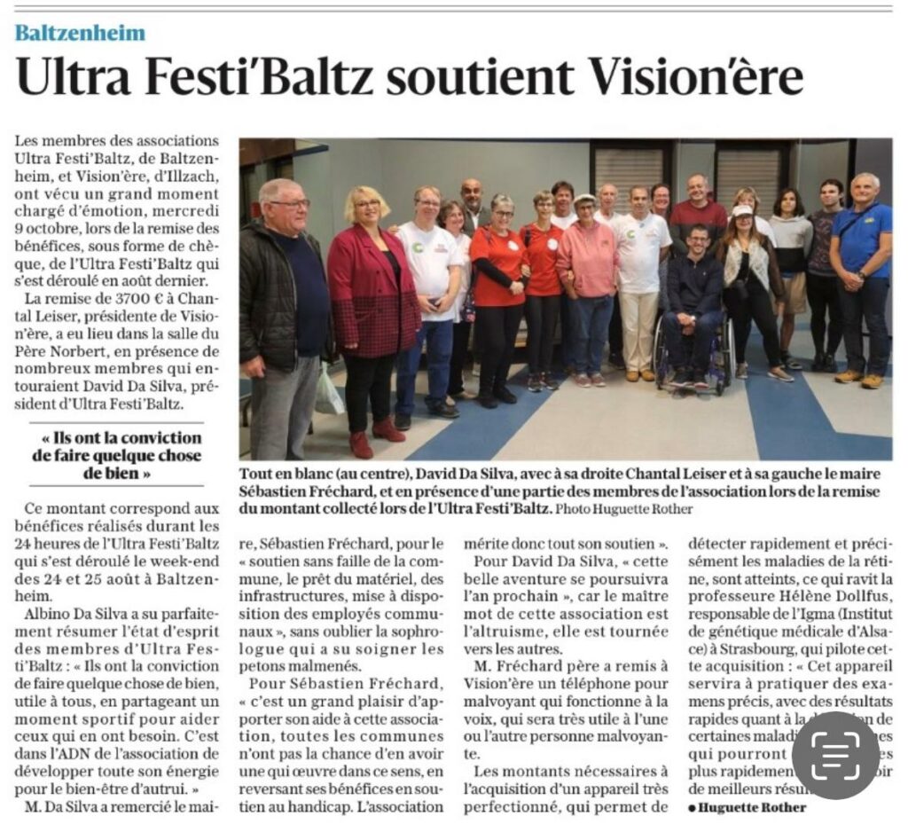 Article du journal l'Alsace suite à la remise de chèque par l'Ultra Festi Baltz