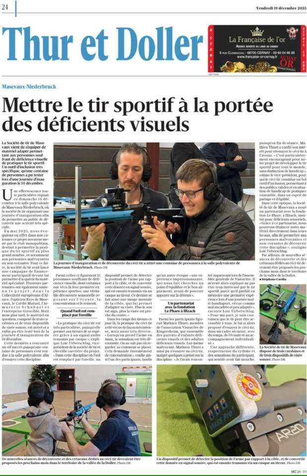 Article de l'Alsace du 19 décembre 2025 Mettre le tir sportif à la portée des déficients visuels