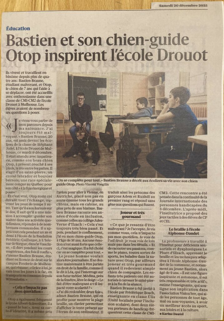 Article de l'Alsace du 20 décembre 2025 Bastien et son chien-guide Otop inspirent l'école Drouot
