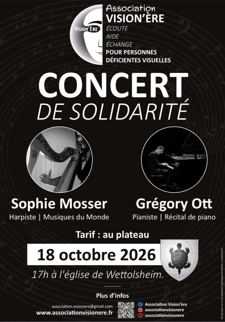 Affiche de promotion pour le concert de solidarité du 18 octobre 2026 à 17h à l'église de Wettolsheim avec Sophie Mosser, Harpiste et Grégory Ott, pianiste et parrain de Vision'ère